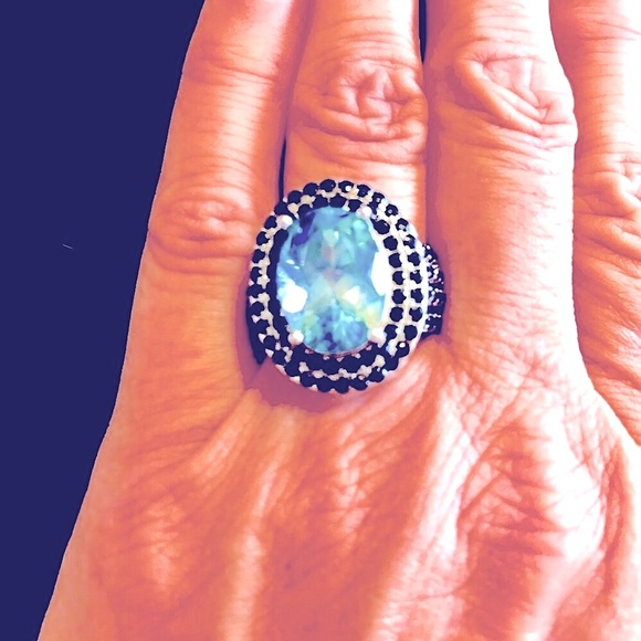 Ring 925 Blue Topaz Black Spinel 6.5 NWOT gorgeous stones heavy sterling setting - Picture 2 of 9
